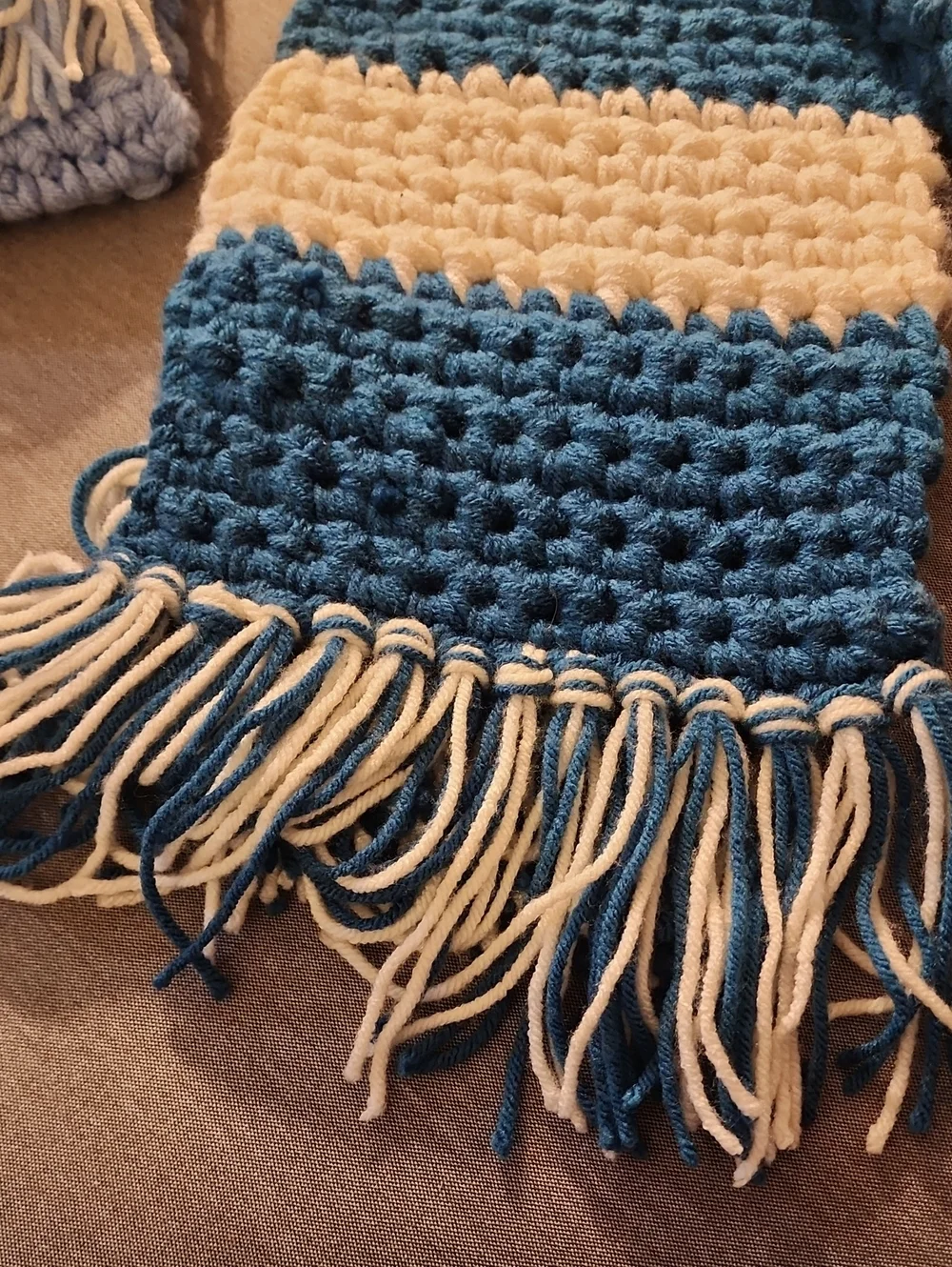 Handknit   Crochet  Chunky Smart Winter Woollen Scarf in Teal and Cream